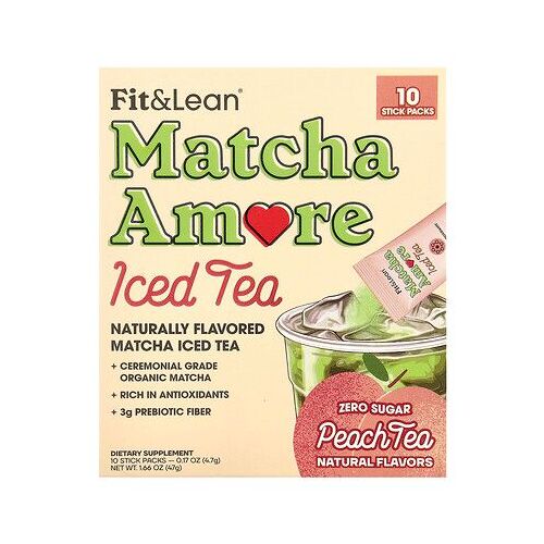 Fit & Lean, Thé Glacé Matcha Amore, Thé À La Pêche, 10 Sachets En Stick, 4,7 G Chacun