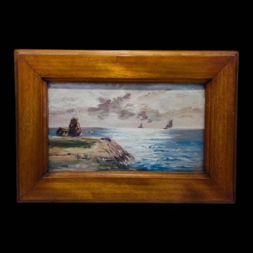 Tableau marine bord de mer en Bretagne sign Jabiol vers 1900 multicolore