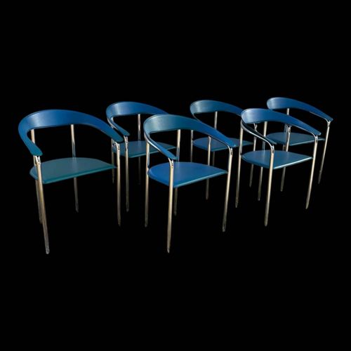 Srie De 6 Fauteuils Design Italien En Cuir Et Mtal Chrom Vintage Bleu