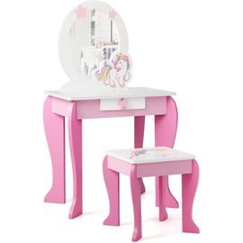 Coiffeuse Enfant Fille Tabouret Et Miroir Amovible Rose 49x34x89,5cm