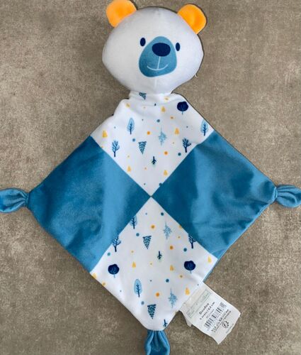 Doudou Ours Bleu Blanc Arbres Sapins Peluche Mouchoir Mes Petits Cailloux Ourson Jouet Bebe