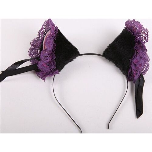 Serre Tête Pince Barrette Oreille Chat Animaux Noeuds Dentelle Violettes Cosplay Neko Gothique Lolita Kawaii Manga Anime Black Sugar Mode Déguisement Chat Animaux Nekomimi Costume Paris
