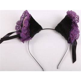 Serre Tête Pince Barrette Oreille Chat Animaux Noeuds Dentelle Violettes Cosplay Neko Gothique Lolita Kawaii Manga Anime Black Sugar Mode Déguisement Chat Animaux Nekomimi Costume Paris
