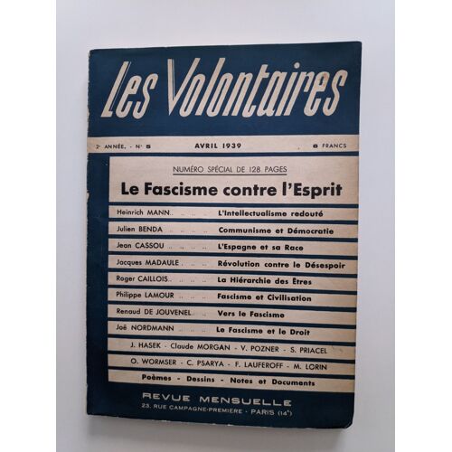Roger Caillois La Hiérarchie Des Êtres. Les Volontaires 1939.