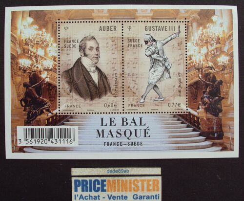 France.. Bloc Feuillet France-Suède "Le Bal Masqué" Auber & Gustave I I I . Neuf