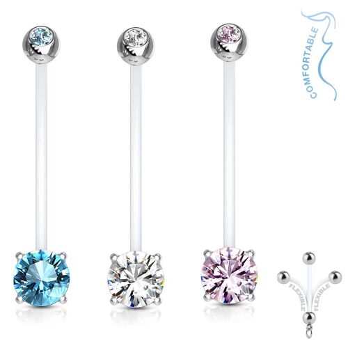 Lot 3 Piercings Nombril Elena Grossesse Pierre Zirconium Bébé Maternité Longue Barre Acrylique Retainer Bioflex Lovepiercing