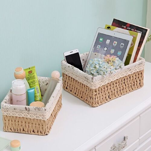 Paniers de rangement en paille faits à la main, 3 tailles/ensemble, pour articles ménagers, collations, débris de fruits, cosmétiques, linge, finition