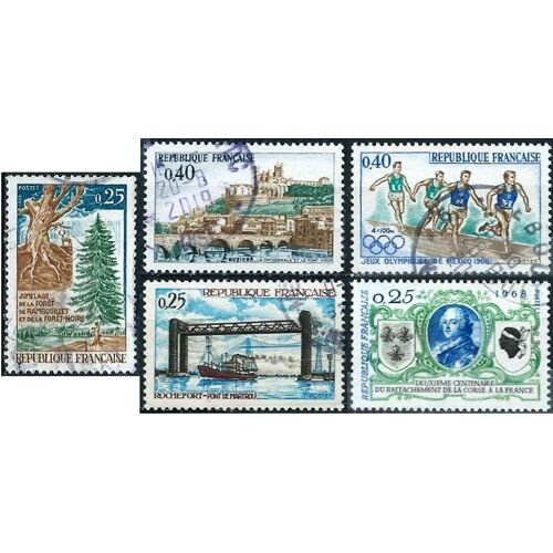 France 1968, Beaux Timbres Yvert 1561 Foret De Rambouillet Foret Noire, 1564 Pont De Martrou À Rochefort, 1567 Cathédrale De Béziers, 1572 Rattachement De La Corse Et 1573 Jo De México, Obli. Tbe.