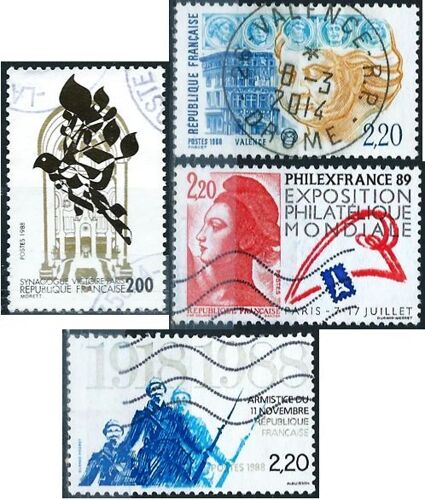 France 1988, Beaux Timbres Yvert 2516 Synagogue De La Victoire À Paris, 2524 Expo Philexfrance 89, 2534 Congrès Associations Philatéliques À Valence Et 2549 70 Ans De L'armistice De 1914 / 18 Obli Tbe