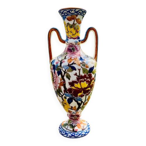 Grand vase en faience de Gien decor pivoines multicolore