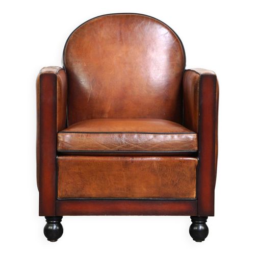 Fauteuil Design Art Dco En Peau De Mouton Avec Bois Et Beau Cuir Couleur Cognac Marron