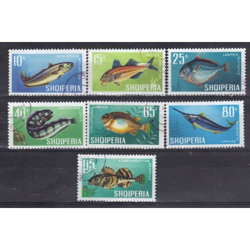 Albanie 1967 : Poissons Divers : Merlu / Surmulet / Lamproie / Anarrique / Cycloptère / Espadon / Chabot - Série Entière De 7 Timbres Oblitérés