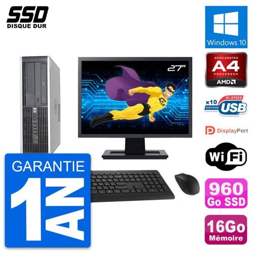 PC HP 6305 Pro SFF Ecran 27" AMD A4-5300B RAM 16Go SSD 960Go Windows 10 Wifi