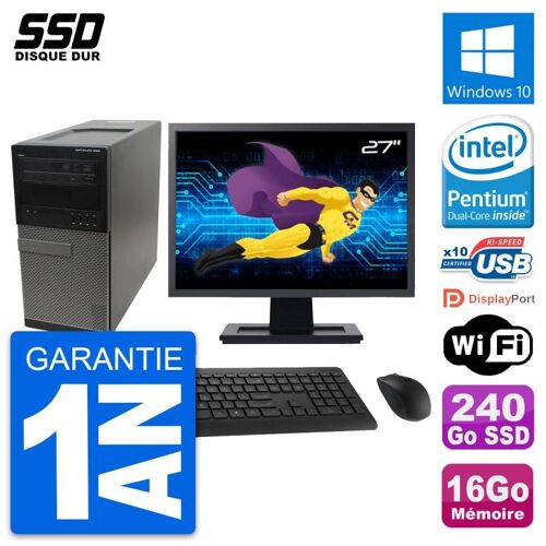 PC Tour Dell 990 Ecran 27" Intel G630 RAM 16Go SSD 240Go Windows 10 Wifi