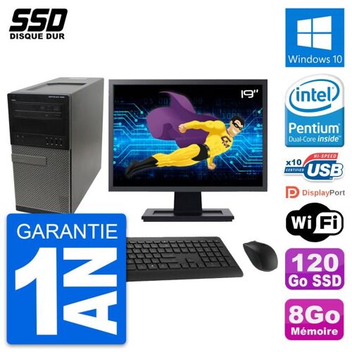 PC Tour Dell OptiPlex 990 Ecran 19" G630 RAM 8Go SSD 120Go Windows 10 Wifi