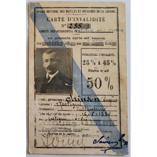 Carte D'invalidité De 1934, Homme Né Le 16/05/1880, Indre Et Loire 37, Restigné