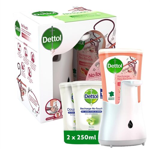 Dettol No-Touch - Kit Distributeur Automatique Savon Liquide Mains et 2 Recharges Aloe Vera 250ml