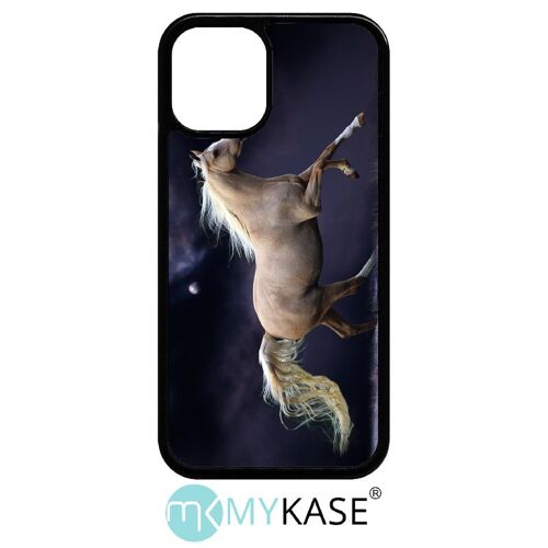 Coque Iphone 12 Mini - Cheval Fond Prune - Noir