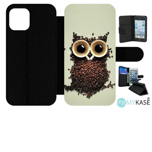 Etui À Rabat Iphone 12 Pro - Hibou Grains De Café - Simili-Cuir - Noir