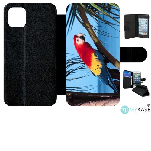 Etui A Rabat - Perroquet Mer Palmiers - Compatible Avec Apple Iphone 11 - Simili-Cuir - Bord Noir