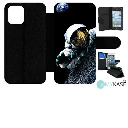 Etui À Rabat Iphone 12 Mini - Astronaute Planete - Simili-Cuir - Noir