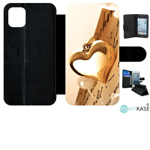 Etui A Rabat - Coeur D'or Sur Livre - Compatible Avec Apple Iphone 11 - Simili-Cuir - Bord Noir