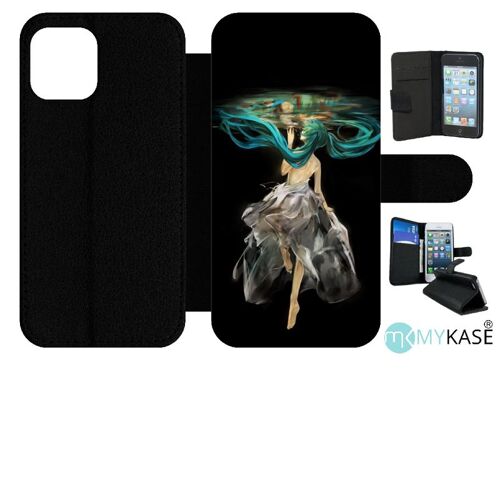 Etui À Rabat Iphone 12 Pro - Manga Fille Cheveux Bleu - Simili-Cuir - Noir