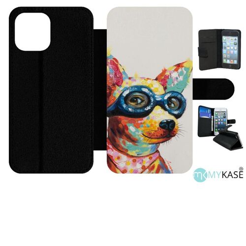 Etui À Rabat Iphone 12 Pro Max - Peinture Chihuahua À Lunette - Simili-Cuir - Noir