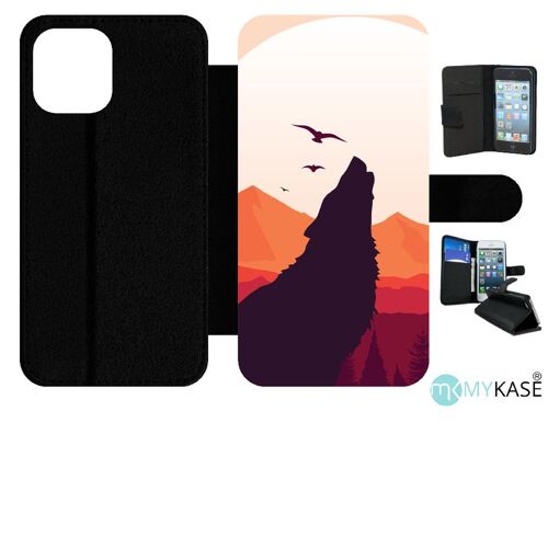 Etui À Rabat Iphone 12 Pro Max - Loup La Pleine Lune - Simili-Cuir - Noir