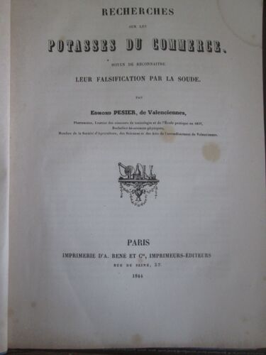 Recherches Sur Les Potasses Du Commerce Potassium Chimie Edmond Pesier Valenciennes 1844 These