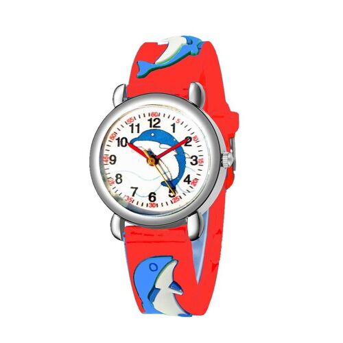 Montre Dauphins Enfant Bracelet Silicone Rouge Dauphins Cadran Pédagogique