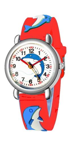 Montre Dauphins Enfant Bracelet Silicone Rouge Dauphins Cadran Pédagogique