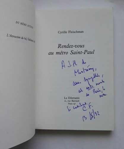 Cyrille Fleischman Renez-Vous Au Métro Saint-Paul Avec Un Envoi Autographe Signé 1992 Le Dilettante