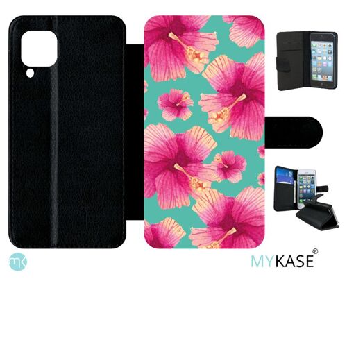 Etui à rabat huawei p40 lite - hibiscus fond turquoise - simili-cuir - noir
