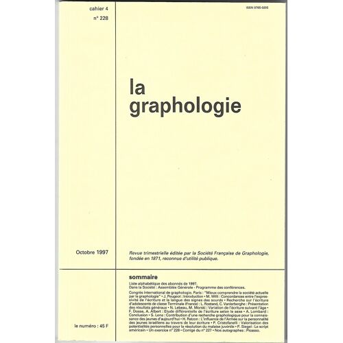 La Graphologie N° 228 - Octobre 1997 - Cahier 4