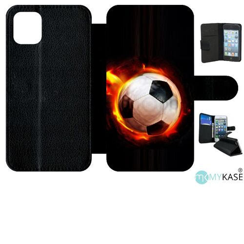 Etui A Rabat - Ballon De Foot En Feu - Compatible Avec Apple Iphone 11 - Simili-Cuir - Bord Noir