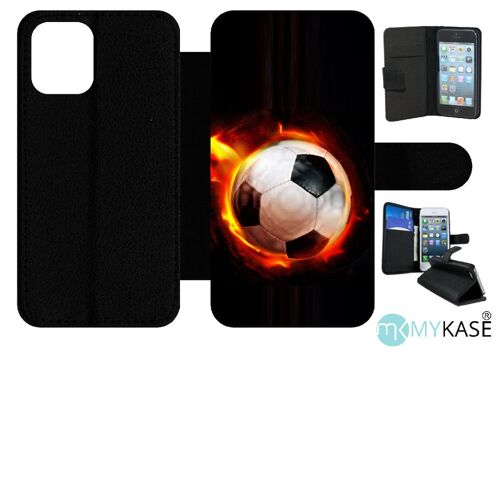 Etui À Rabat Iphone 12 Mini - Ballon De Foot En Feu - Simili-Cuir - Noir