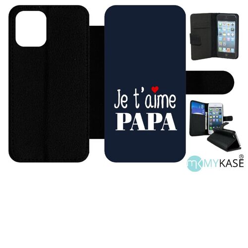 Etui À Rabat Iphone 12 Mini - Je T Aime Papa Fond Bleu - Simili-Cuir - Noir