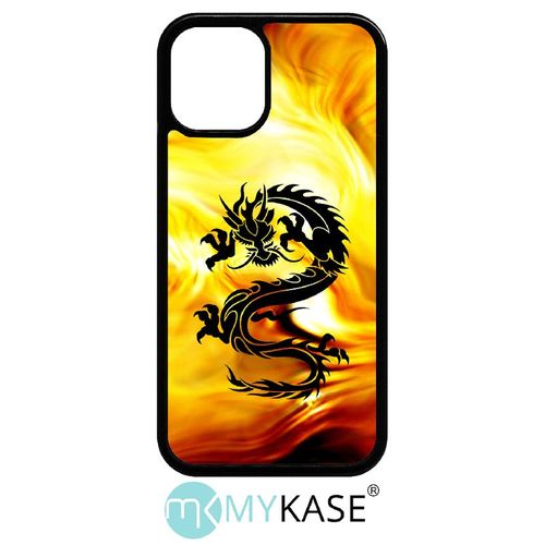 Coque Iphone 12 Mini - Dragon Tribal Fond Flamme - Noir