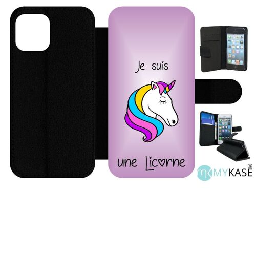 Etui À Rabat Iphone 12 Pro - Je Suis Une Licorne Fond Violet - Simili-Cuir - Noir