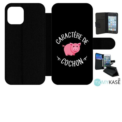 Etui À Rabat Iphone 12 Pro - Caractere De Cochon Fond Noir - Simili-Cuir - Noir