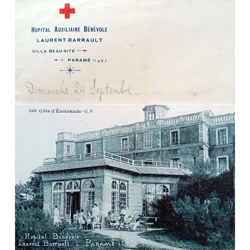 Guerre 14-18 : Lettre Poilu Croix-Rouge Hôpital Auxiliaire Bénévole Laurent-Barrault Villa Beau-Site Paramé