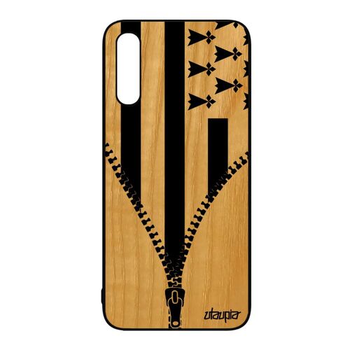 Coque de protection pour Samsung Galaxy A50 bois silicone drapeau bretagne breton foot mobile region football motif gwenn ha du noir