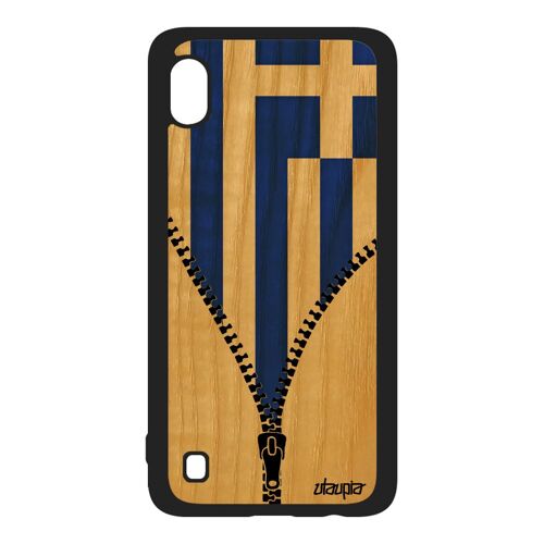 Coque silicone Samsung A10 bois drapeau grece grec smartphone motif coupe d'europe jo coupe du monde Euro foot antichoc noir galaxy
