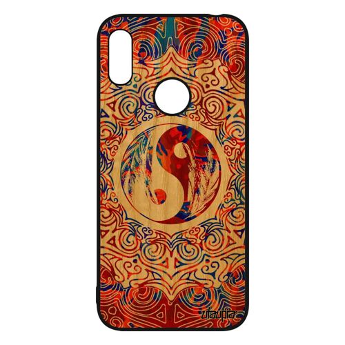 Coque bois telephone pour Y6 2019 silicone Yin et Yang mobile coloré peinture bien & mal pas cher Orange chine portable etui Huawei