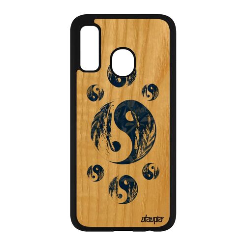 Coque Samsung A40 en bois silicone Yin et Yang imprimé personnalisé tattoo case bien & mal cover fille japon plume Bleu image galaxy