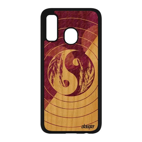 Coque Galaxy A40 bois silicone Yin et Yang housse asie dessin bien & mal pastel couleur etui Violet ying plume de luxe bulle Samsung