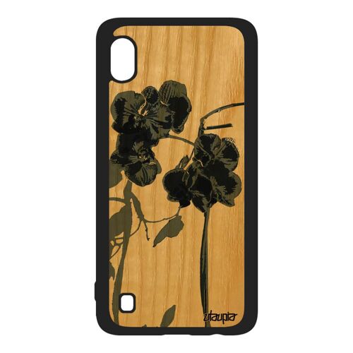 Coque bois antichoc A10 silicone orchidée fleur floral Gris design peinture cadeau fete des meres etui nature mobile Samsung galaxy