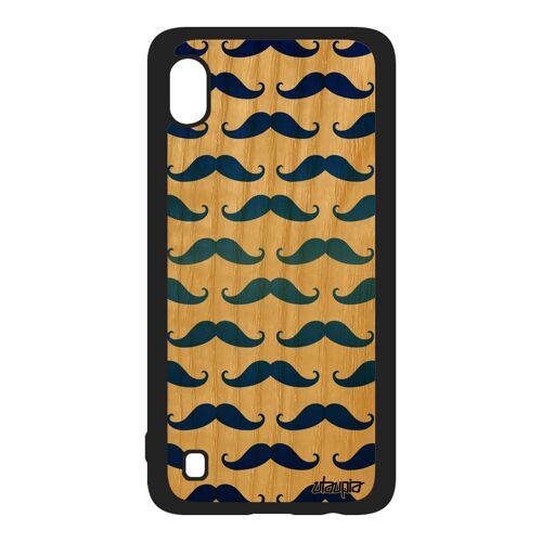 Coque moustache Samsung A10 en bois silicone bleu homme fete des peres telephone pipe antichoc motif peinture de protection galaxy