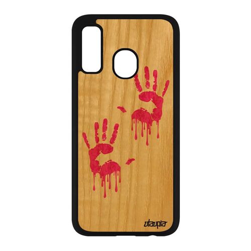 Coque empreinte main Samsung Galaxy A40 en vrai bois et silicone peinture qui degouline deux antichoc trace de telephone Rose rigide